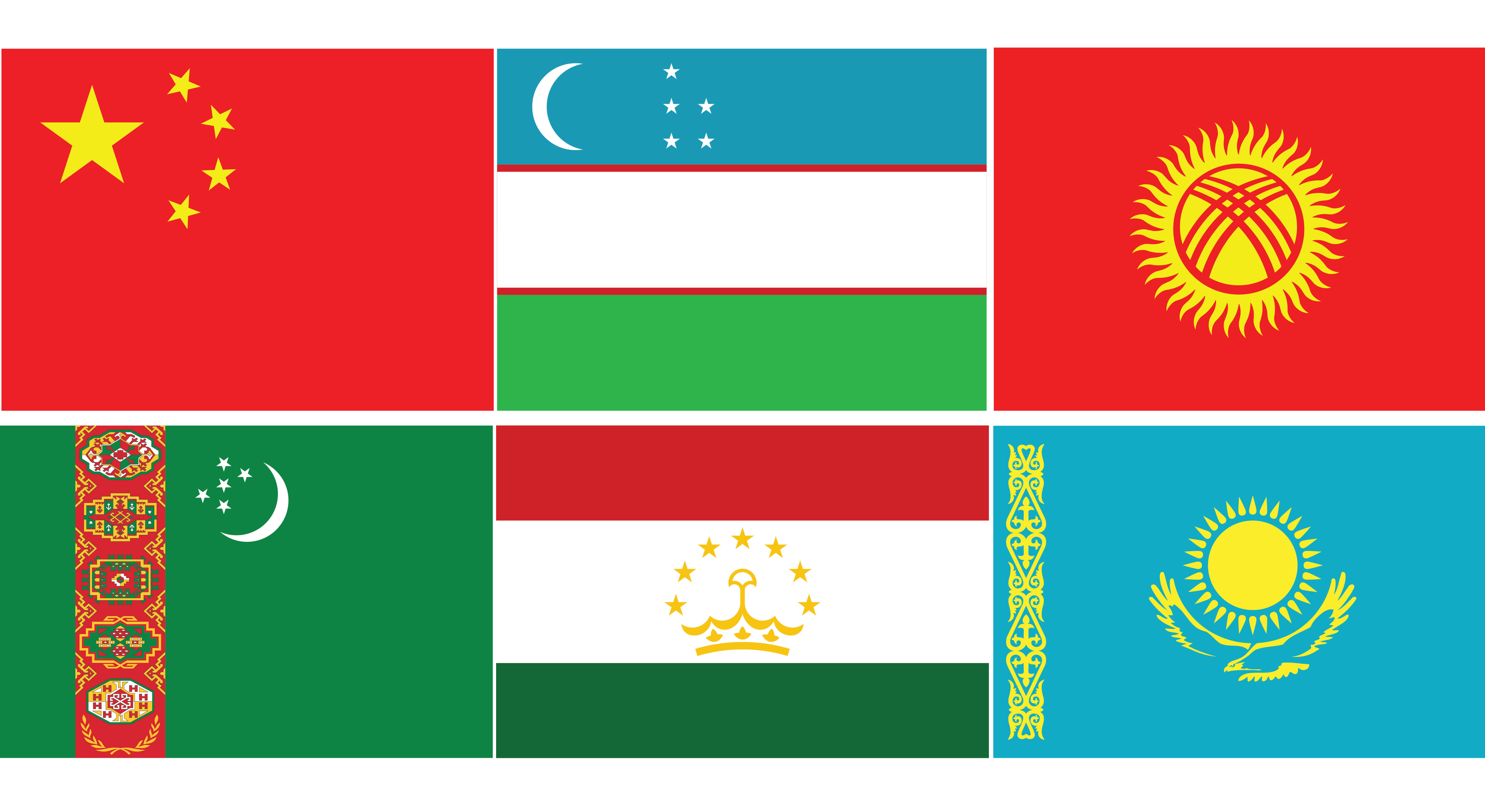 Banderas de China, Uzbekistán, Kirguistán, Turkmenistán, Tayikistán y Kazajstán en un marco